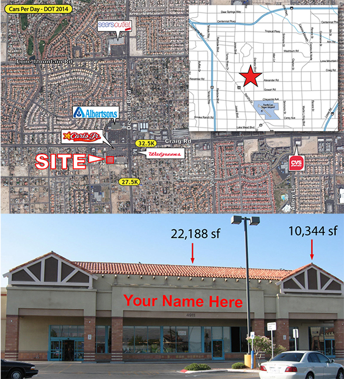 Craig & Decatur aerial, Storefront, street map